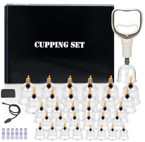 32 Stück Schröpfgläser mit Vakuumpumpe, Schröpfglas zur Gegen Cellulite, Spannung und Entspannen Muskeln, Schröpfen für Gesicht und Körper, Schröpfset mit Akupressurpunkt Magneten