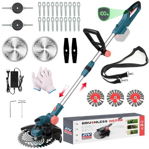 Hengriacly Akku Rasentrimmer für Makita Akku 18V(MAX 21V), 2-in-1 Rasenkantenschneider, Bürstenloser Motor, Freischneider mit Unkrautbürste, 90° Drehbarer, 23 cm Schnittkreis(ohne Akku & Ladegerät)