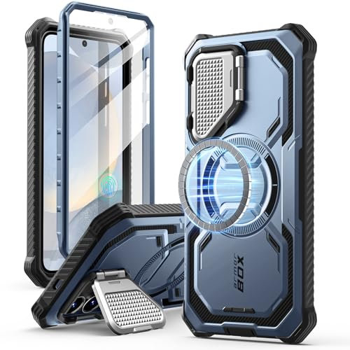 i-Blason Armorbox Cover per Samsung Galaxy S25 con Protezione della Fotocamera, Custodia Magnetica e Resistente con Pellicola Protettiva per lo Schermo e Cavalleto per S25 (Blu)