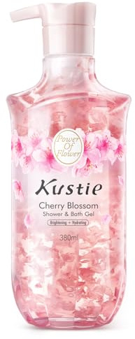 Kustie Gel Douche aux Pétales de Fleurs de Cerisier avec Niacinamide & Extraits de Fleurs – Gel Douche Parfumé Éclaircissant & Hydratant avec Antioxydants, Acides Aminés & Parfum Floral 24H, 380ml