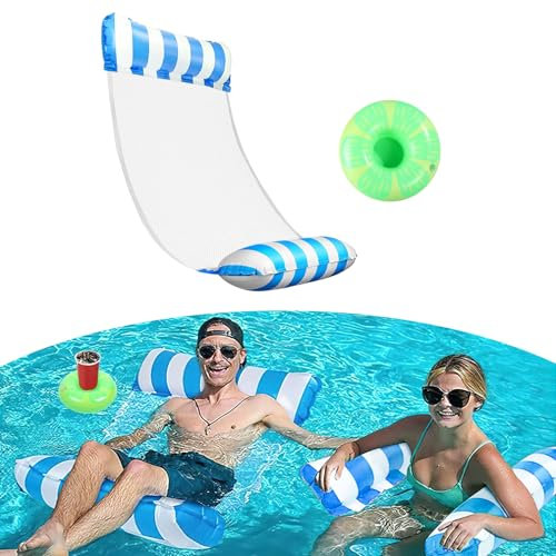 TAIHOBO Hamaca de Agua, 4 en 1 Hamaca Flotante Piscina, 1 Piezas Hamaca Agua Fácil de Llevar, Hamaca Hinchable Piscina con 1 Posavasos Inflables, Colchoneta Red Piscina para Adultos y Niños (Azul)