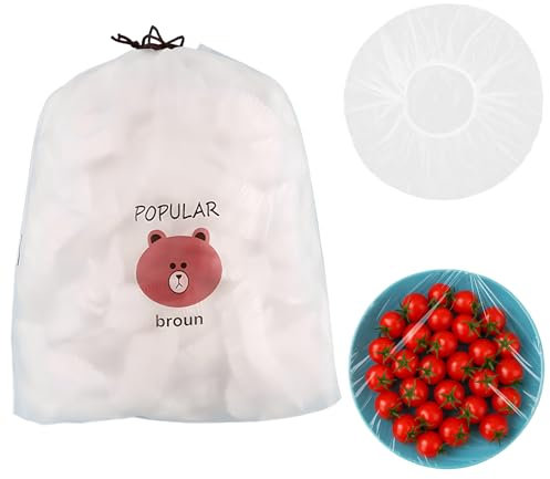 200 Pcs Food Covers Plastic Stretch, Elastic Food Cover for Fresh Keeping, Storage Bags for Leftovers, Fruits, Vegetables, Picnic and BBQ, White Bear Design, Stretches from 13cm to 38cm