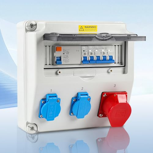 Fogmiea Wandverteiler mit Leitungsschutzschalter und FI,5 Polig Baustromverteiler mit 2xSchuko-Steckdose und CEE-Steckdose 16A Stromverteiler für Innen und Außen