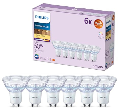 Philips LED GU10 Ljuskälla, 6-pack, Spotlight, 345 lm, 2 200–2 700 K, WarmGlow, Dimbar, Lång Livslängd, Smal Spridning, Enhetlig Ljusfördelning, Bättre Visuell Komfort, Smarta Hem, Ljuskälla av Glas