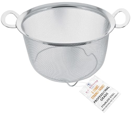 U.S. Kitchen Supply Stainless Steel Colander Strainer Basket - 3-Quart Colander with Resting Feet & Handles - Wide Rim Sieve, Stainless Steel Strainers and Colanders for Kitchen