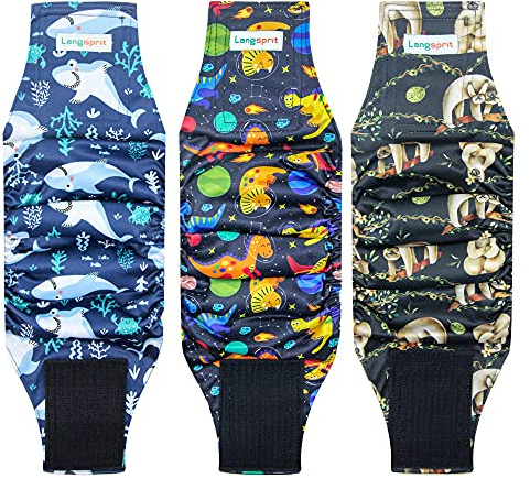 Langsprit Skvättskydd för hanhundar (3-pack), högabsorberande, tvättbara, återanvändbara hundblöjor för liten hund och valp (sengångare, val och dinosaurie, storlek S)