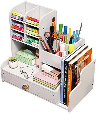 NUODWELL Organizer da tavolo con cassetto, portapenne bianco fai da te da scrivania, organizer per forniture artistiche per casa, ufficio e scuola