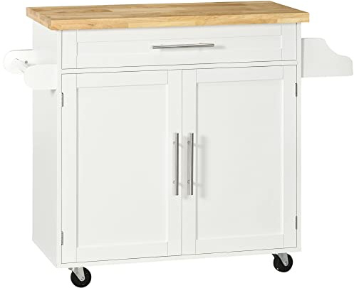 HOMCOM Carrello da Cucina Multiuso con Cassetto, Ruote, Portaspezie e Armadietto, Mobiletto Cucina con Ripiano Regolabile, Portasciugamani e Piano in Legno di Caucciù, 109x40x89 cm, Bianco