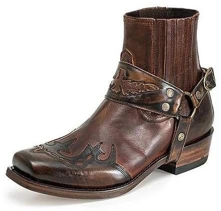 Västerländska ankelboots för män, spänne, rem, retrostövlar, läder, fyrkantig tå, cowboy, korta stövlar, cowboy, motorcykelstövlar, Mörkbrun, 48 EU