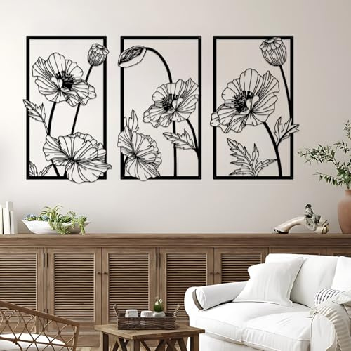 Resama 3 Pcs Black Metal Flowers Wall Decor, Minimalist Abstract Wall Art | Modern Floral Line Wall Sculpture Hanging for Bedroom Bathroom Kitchen