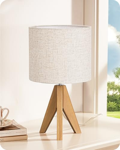 EDISHINE Lámpara de Noche de Madera, Lámpara de Mesa, Casquillo E27, Pantalla de Lino Beige Vintage para Oficina, Sala de Estar, Dormitorio, Rincón