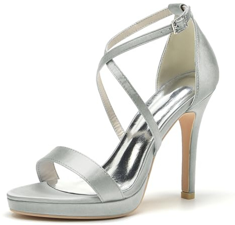 ENWIND Sandalias De Tacón Alto para Mujer Punta Abierta Elegante Tacon Fino Zapatos De Fiesta De Boda con Plataforma Y Correa Cruzada,Plata,40 EU