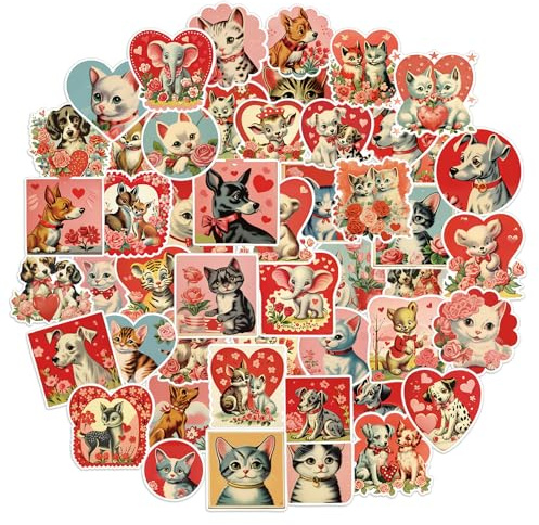 FaCraft 50PCS Love Stickers for Scrapbooking - Cute Animal Aesthetics Sticker for Phone Caps Luggage Envelope Laptop Water Bottles Boxes Cat Dog Valentines Stickers for Couples Adults Teens Kids Women