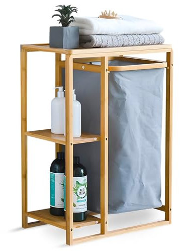 Avilia Mueble de baño de bambú con cesto para la Ropa de Tela y 2 estantes – 50 x 30 x 70 cm – Capacidad de la Cesta 15 kg, estantes 6 kg – Cesta para Toallas sucias Apto para baño y lavandería