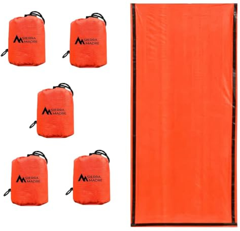 Sierra Madre Emergency Sleeping Bag – Ultralight, Waterproof Mylar Thermal Bivy Sack Tent for Hiking, Bug-Out Bags, Survival Kits – Emergency Survival Space Blanket for Heat Retention 5 Pack