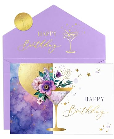Joli Coon Carte anniversaire ELEGANT – Carte pliée de haute qualité avec illustration florale de martini et enveloppe aux tons pastel – Carte anniversaire femme