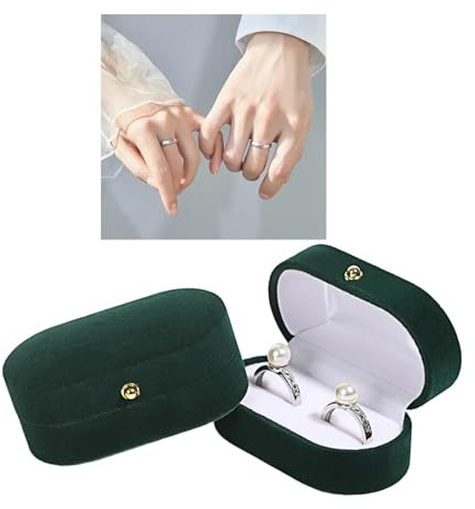 Glossiness Dark Green Velvet Double Ring Box with Secure Gold-Tone Clasp - Elegant Jewelry Storage Organizer for Wedding Engagements, Anniversaries, and Romantic Gifts Featuring Soft White Lining