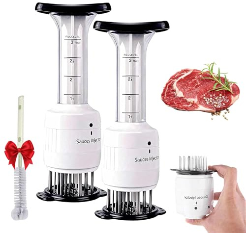 Meat Injector Syringe & Chicken Tenderizer Tool, Stainless Steel Marinade Injector Kit for BBQ Turkey Beef, Flavor Food Injector with Needles for Smoking Grilling, Easy Clean (2pcs)