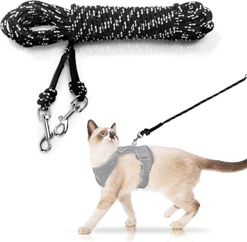 Extra Long Cat Lead for Garden, 15M/50FT Lightweight Outdoor Cat Leash Long Light Extension, Long Thin Lead for Rabbits, Kitten, Puppy and Small Animals black
