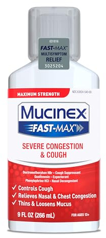 Congestion and Cough Liquid, Mucinex Fast-Max Severe Congestion and Cough Liquid, 9 fl.oz, Fast Acting Maximum Strength Formula Relieves Nasal & Chest Congestion, Controls Cough, Thins & Loosens Mucus