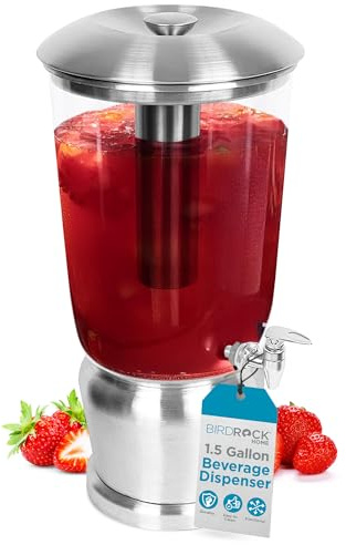 BirdRock Home 1.5 Gallon Stainless Steel Beverage Dispenser with Ice Container, Stand & Spigot - Round - BPA Free Clear Tritan Plastic