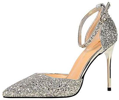 Damer gnistrande hög klack rem spets stängd tå Mary Janes stilett party abborre klubbar pumps, silver, 38 EU