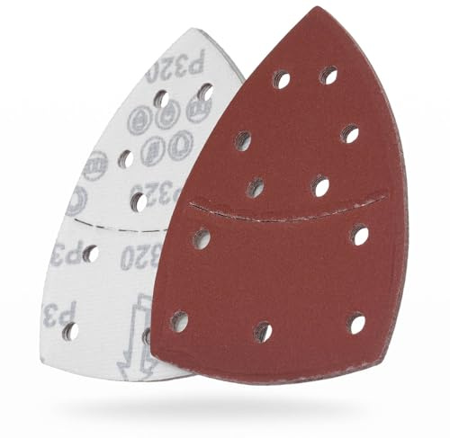 YoiYee 320 Grit Mouse Detail Sander Sandpaper, 11 Hole Delta Pads, 10 Pack | 154 x 106mm size, 8mm extraction, aluminium oxide abrasive, hook and loop backing, suitable for wood, paint, metal finishing
