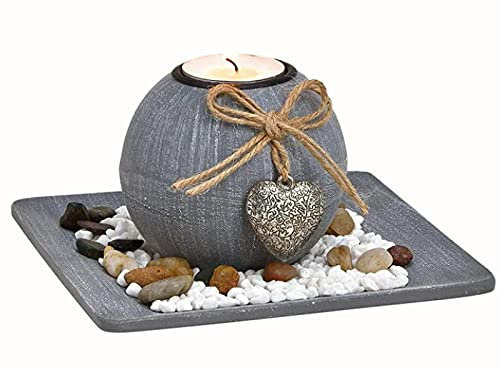 Deko-Set mit 1 Teelichthalter mit Herzen auf Tablett aus Holz mit Steinen - B15cm x H9cm x T15cm (GRAU - ECKIG)