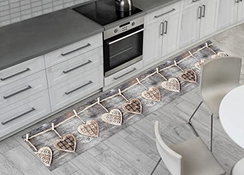 BIANCHERIAWEB Alfombra de Cocina Retro Antideslizante para Pasillo y Pasillo, diseño de Corazones Colgantes, diseño de Corazones Colgantes, Color Gris