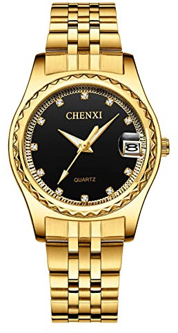 JewelryWe Damenuhr Quarz Analog Partner Freundschafts Armbanduhr Datum Kalender Edelstahl Armband Damen Uhr mit Beleuchtenden Zeiger und Strass schwarzem Zifferblatt, Geschenk für Frauen Mädchen, Gold