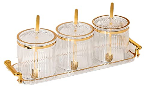 Acrylic Condiment Spice Jars and Box with Lids, Spoons, Tray - 3 Pack, Clear Plastic Canisters, Seasoning Box Set for Salt, Paprika, Sugar - Kitchen Storage