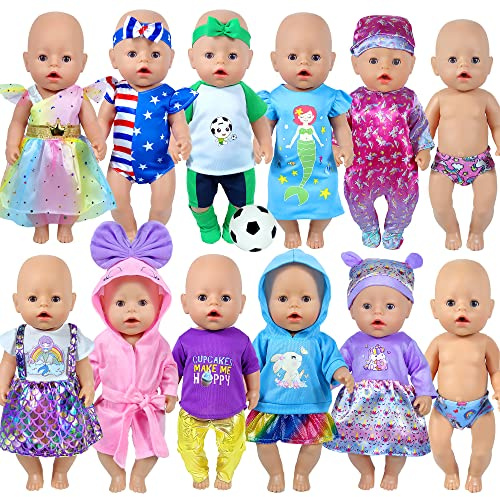 WONDOLL 12 Sets 14-16-Inch-Baby-Doll-Clothes-Outfits Dress Headbands Accessories Compatible with 43cm New Born-Baby-Doll, 15-inch-Baby-Doll（no Doll