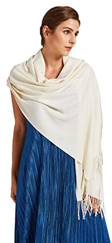 VaneriHome Schal Damen Frühling Herbst einfarbig mit Quaste Elegante Stola für Freizeit Abendkleid Hochzeit 190x63cm, Cremeweiß