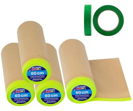 Wonninek Lot de 4 rouleaux de papier de masquage pour peinture, déplier 60 cm x 15 m, ruban adhésif et drapé, papier de protection imperméable pour voiture, meubles et sol