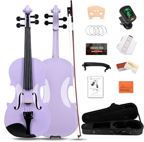ADM Acoustic Violin for Kids Beginners, 4/4 Full Size Acoustic Violin Fiddle for Teens Students Violin Starter Kit with Hard Case, E-Tuner, Rosin, Shoulder Rest, Bow, Strings, Free Lessons, Purple