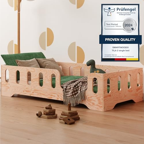 smartwood Golvsäng 80x180 - Montessori Barnsäng i trä med FSC-certifikat - TILA 2P med fallskydd och ribbotten, belastningsbar upp till 230 kg - Enkel montering