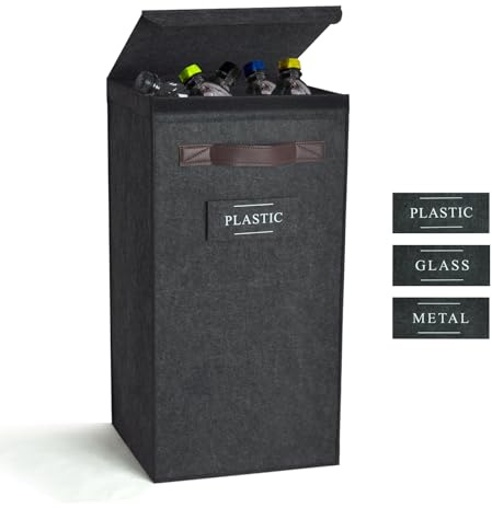 Rolheit Recycling Bin for Kitchen 13 Gallon, Indoor Recycle Bin with Lid, 50L Recycle Trash Can, Large Recycling Bin for Home with Plastic Glass Metal Labels (Grey, 13 Gallon)