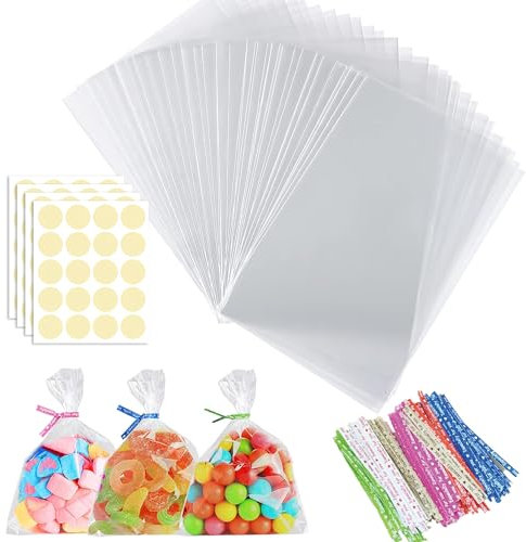 Rhimooay 100 Stück Kleine Tüten für Süßigkeiten, 20x15 cm Plastiktüten Cellophantüten Klein, Süßigkeiten Tüten, Candybar Tüten, Kleine Tütchen Zellophantüten für Hochzeit
