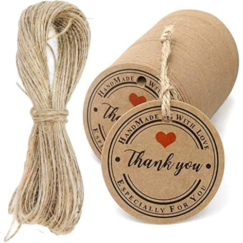 100 etichette regalo in carta kraft rotonde, etichette da 3 cm con cordoncino di iuta da 20 metri, etichette decorative da appendere per regali e progetti fai da te
