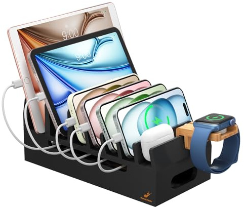 Pezin & Hulin Bambus-Ladestation mit Uhrenständer, Docking-Halterung für mehrere Geräte mit 5 Ladekabeln, Desktop-Dockstationen, elektronischer Organizer für Handy, Tablet, Uhr, Schwarz