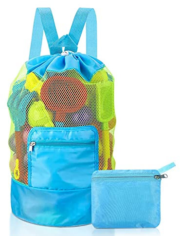 Borsa per giocattoli da spiaggia, Borsa a Rete per Giochi Spiaggia Pieghevole, borsa da spiaggia in rete per Sabbia Nuotare e Piscina e Deposito Giocattoli Bambini da Sabbia e Acqua (Blu)