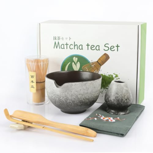 Marsred 7PCS Matcha Set, matcha bowl,matcha besen halter,bambusbesen,löffel,Bambusschaufel,Peitschenhalter,Baumwoll-Geschirrtuch，matcha schale mit ausgießer für die Matcha-Teezeremonie