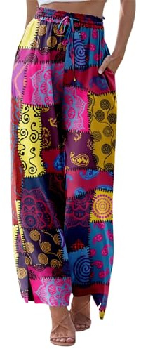 KISSMODA Womens Palazzo Pants Adjustable Wide Leg Yoga Pants Comfy Loose Soft PJ Toursers with Pockets Patchwork L
