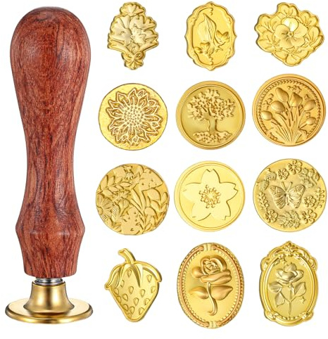 Guduling 12 stycken guldstämplar med trähandtag, vaxsigillstämpel, återanvändbar vaxstämpelsats, vaxtätning för inbjudningar, vintage vaxsigill, kort, kuvert, presenter (12 stilar)