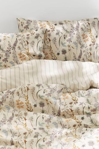 CCoutueChen Floral Duvet Cover King 3 Pieces Aesthetic Reversible Striped Bedding Set Farmhouse Botanical Flowers Design Soft Washed Microfibre,1 Beige Duvet Cover with 2 Pillowcases