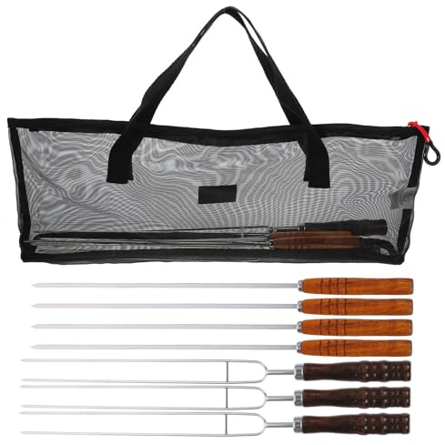 BIUDECO Set 7 Pezzi Spiedini per Barbecue in Acciaio Resistente Manico in Legno Nero Spiedini di Metallo Riutilizzabili per Carne e Verdure Accessori per Grigliata all'Aperto e Picnic