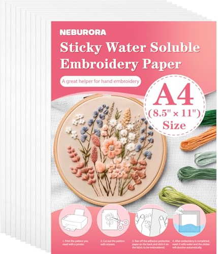 NEBURORA Stabilisateur hydrosoluble imprimable pour broderie, 10 feuilles de papier à broder adhésif 8,2 po x 11,6 po, support de broderie soluble et lavable