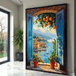 YUSUZHU Cuadro con vista al mar mediterráneo, ventana azul abierta, arte mural, paisaje de naranjos y puerto, lienzo costero (80 x 110 cm/sin marco)