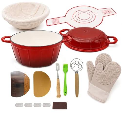 Juego de olla de hierro fundido esmaltado y masa madre, horno holandés rojo de 5 litros + tapa de sartén 2 en 1, herramientas completas para hornear, apto para horno/gas/inducción, fácil de limpiar y