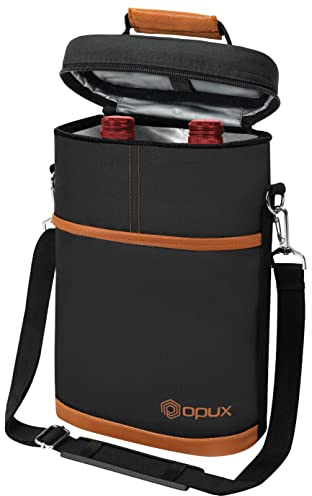 opux 2 Bottle Wine Carrier Tote, Insulated Leakproof Wine Cooler Bag, Wine Travel Bag Tote for Picnic BYOB Beach, Portable Wine Bottle Carrying Case, Gift for Wine Lover Women Men Christmas, Brown